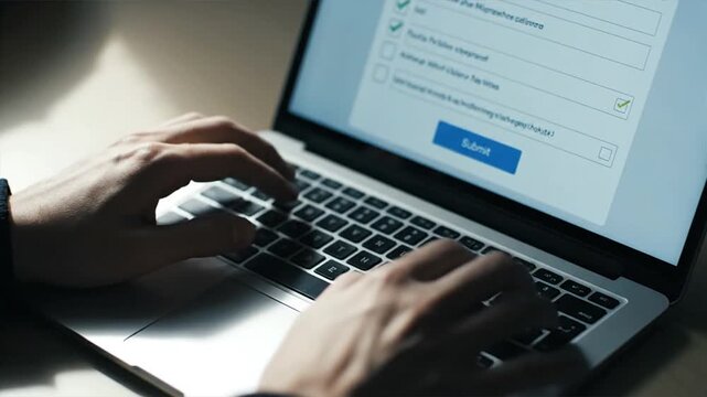 Hands typing on laptop keyboard digital form with submit button