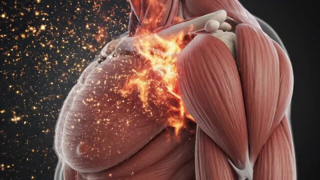 Close-up of a surgical chest scene with bright sparks and glowing particles around tissue, intense!!