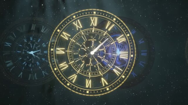 cinematic 4K macro video solitary hand exhaling visible breath rings cold misty environment breath ring transforms miniature 3D rotating clocks intricate geometric patterns, orbiting interacting time