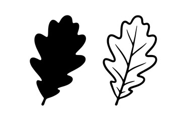 Fototapeta premium A minimalist set of oak leaf vector graphics featuring a solid black silhouette and a clean outline icon, perfect for organic logo design and isolated on a transparent background.