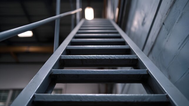 An industrial metal staircase ascends upwards inside a warehouse viewed from a low angle towards ceiling lights