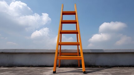 An orange ladder stands on a rooftop against a bright blue sky with clouds