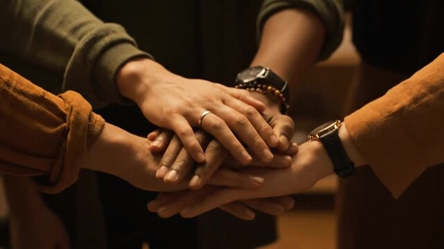 Hands stacked together in unity representing teamwork and cooperation