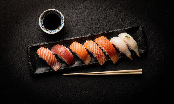 Sushi Platter with Soy Sauce and Chopsticks on Black Table
