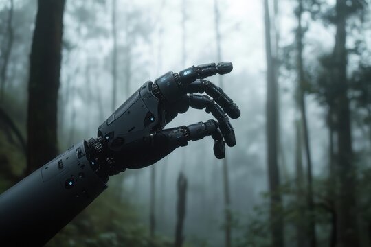 Robotic hand reaching out in a foggy forest environment during early morning hours