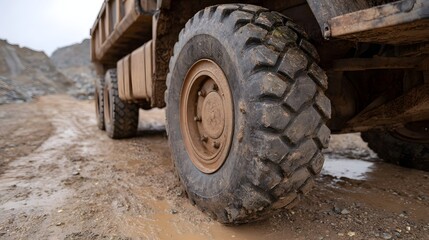 Obraz premium Close up of a heavy duty truck s muddy wheels on a wet quarry road