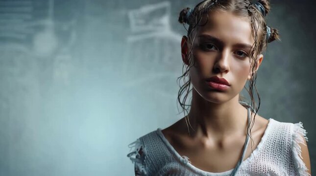futuristic fashion portrait with cyberpunk streetwear, avant-garde editorial beauty with chrome sunglasses, modern luxury portrait in futuristic street style
