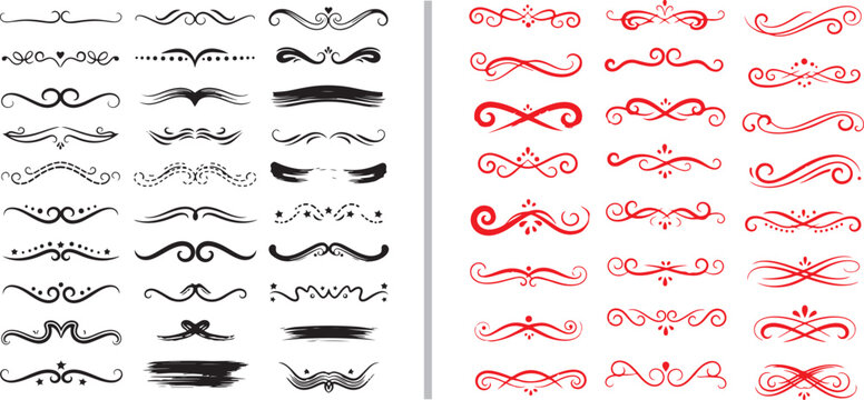 A collection of elegant vector flourishes and decorative dividers in black and red. These ornate calligraphic swirls and vintage scroll elements are perfect for formal invitations and headings.