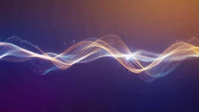 Abstract waves made of glowing dots and lines, resembling a digital ocean, deep blue and violet color palette, long exposure effect, smooth gradients