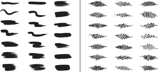 A collection of black vector brush strokes and hand-drawn scribbles. Features diverse ink textures, artistic smudges, and gritty hatch patterns for creative graphic design. © reza