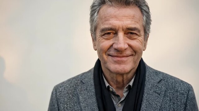 A confident, mature man with distinguished grey hair and a warm, inviting smile looks directly into the camera. Dressed in a stylish textured jacket and a dark scarf, he exudes an aura of wisdom, expe