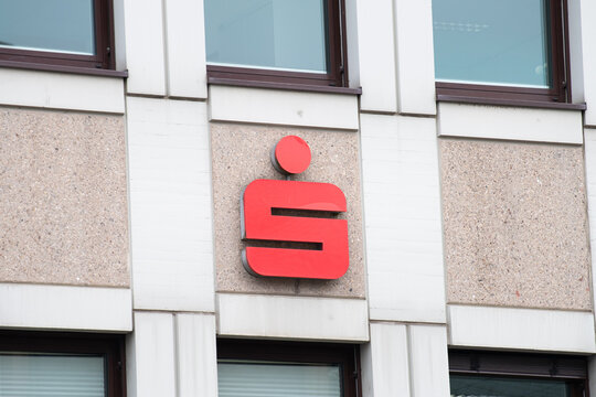 Sparkasse bank logo sign on facade in Trier, Germany, investment and finance branch in city, financial group of german savings banks