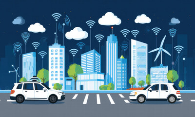 Obraz premium Urban Nightscape with Connected Cars and Clouds