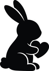 Black silhouette of a cute bunny rabbit sitting and holding a heart shape, perfect for easter or valentines day designs
