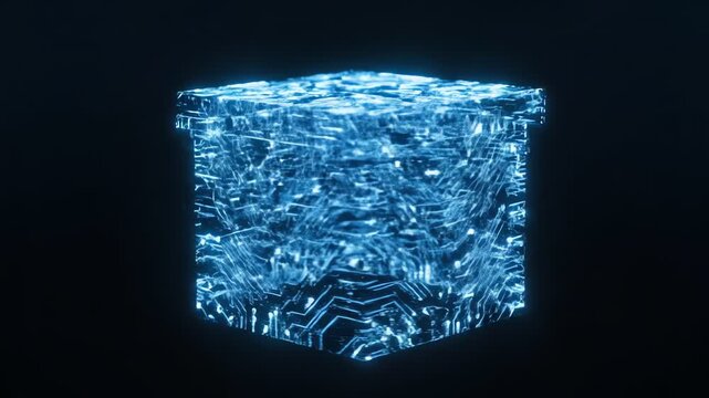 Glowing blue ice cube on a dark background with a textured surface and bright edges.