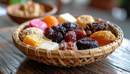 Dried Fruit Medley in Woven Basket on Wooden Table.