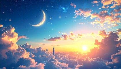 Dreamy Sky - Crescent Moon, Tower, Clouds, and Sunrise Painting.