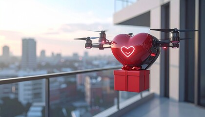 Drone Delivery of Heart-Shaped Gift Box for Valentines Day.