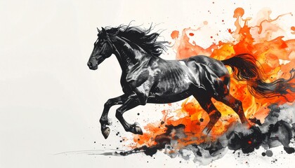 Dynamic Black Horse Galloping Amidst Fiery Watercolor Splashes - A Powerful Artistic Rendition.