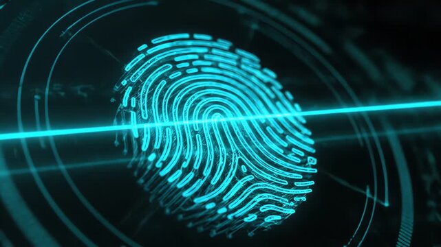 Close-up of a glowing blue fingerprint scan with laser beam on a dark background with digital elements.