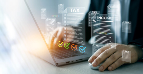 Digital tax calculation concept featuring income reporting, VAT, budget control, online payments and modern accounting for business and finance.	

