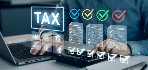 Tax calculation and financial accounting concept. Online taxes, VAT, income, budget planning and digital finance management.	
