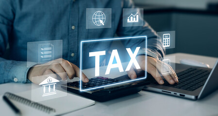 Digital tax calculation concept featuring income reporting, VAT, budget control, online payments and modern accounting for business and finance.	
