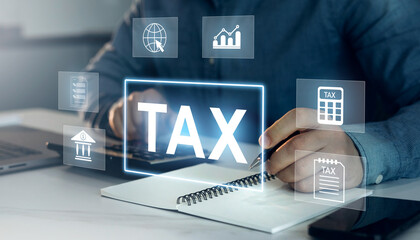 Digital tax calculation concept featuring income reporting, VAT, budget control, online payments and modern accounting for business and finance.	
