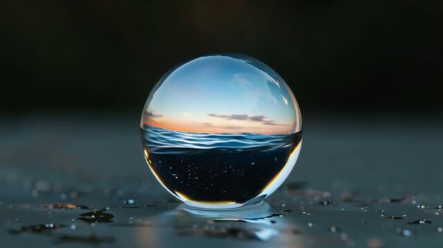 4K cinematic macro video single perfectly spherical water droplet suspended mid-air matte surface droplet inverted surreal ocean ecosystem bioluminescent waves, tiny surreal marine creatures, drifting