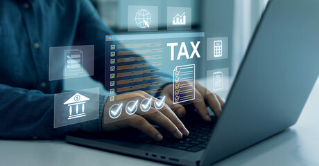 Digital tax calculation concept featuring income reporting, VAT, budget control, online payments and modern accounting for business and finance.	
