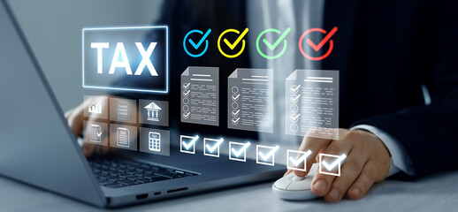 Digital tax calculation concept featuring income reporting, VAT, budget control, online payments and modern accounting for business and finance.	
