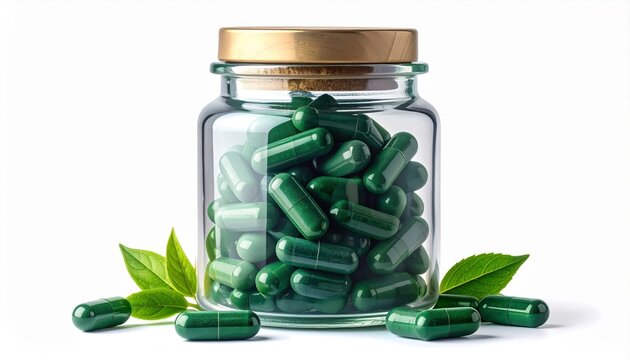 Golden jar filled with green spirulina capsules surrounded by fresh basil leaves, premium dietary supplement for vitality and natural detoxification