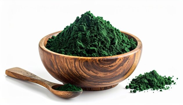 Heap of vibrant green spirulina superfood powder in wooden bowl with bamboo spoon on natural background.