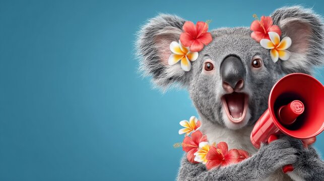 A happy koala wearing hawaiian flowers, holding a red megaphone and screaming with joy against a blue background.