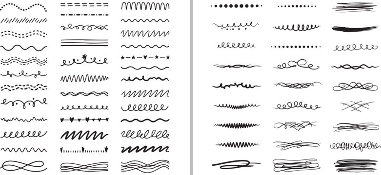 A collection of hand-drawn vector dividers and borders, featuring various styles like waves, zig-zags, loops, flourishes, and scribbles in black ink on a white background.