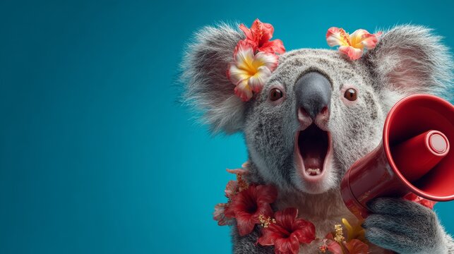 A happy koala wearing hawaiian flowers, holding a red megaphone and screaming with joy against a blue background.