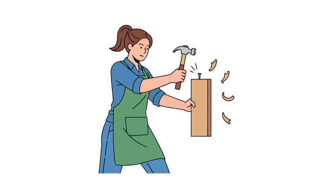 Woman hammering a nail into a wooden post