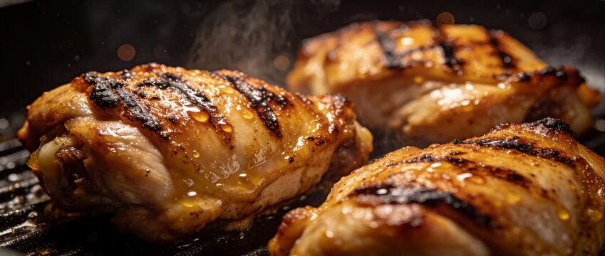 Grilled chicken thigh barbecue close up cinematic cooking food commercial with smoke, smoky glaze, charred grill marks, sizzling hot meat on grate, dark kitchen light, rich sauce