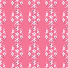 Silhouette of Easter eggs decorated with flowers. Seamless pattern. Pink background with painted white eggs. Print for textiles, covers, packaging, and design. Vector graphics