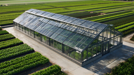 Aerial view of greenhouse agriculture farming growing plants vegetables and crops in farm field outdoors
