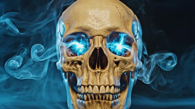 A glowing blue skull with swirling smoke emanating from its eye sockets, a haunting visual representation of mortality and the supernatural viewed frontally