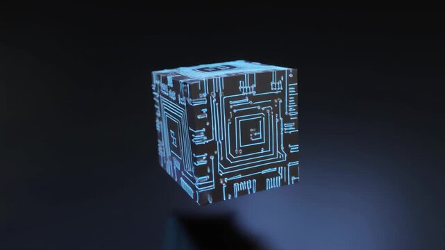 A reflective cube with circuit board patterns and glowing blue lines rotates in a dark, moody environment