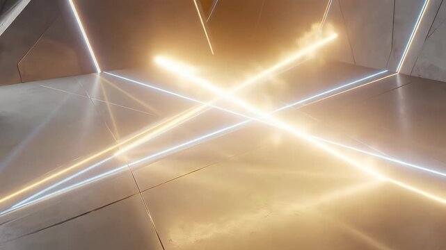 A dynamic abstract environment featuring vibrant glowing blue and orange neon light strips forming sharp geometric patterns across a dark, reflective metallic or concrete surface. The futuristic tunne