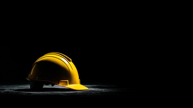 Yellow Safety Hard Hat on Black Background with Wide Copy Space, Industrial Workplace PPE Concept