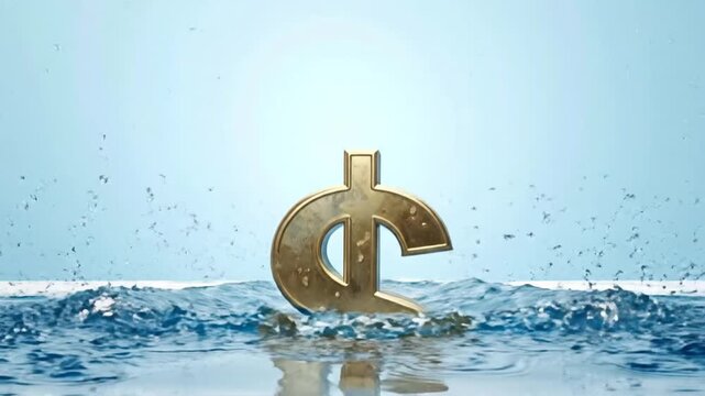 Golden dollar sign falling into water, creating splash, symbolizing financial investment and wealth.