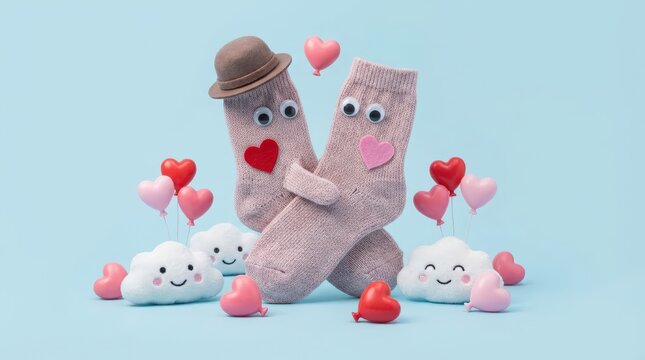 Fun and whimsical sock puppet dance blue background playful animation cheerful environment close-up view creative concept for family entertainment