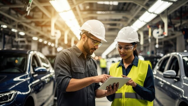 Skilled manufacturing engineers collaborate in a sunlit automotive factory, diligently reviewing production data on a digital tablet with modern vehicles