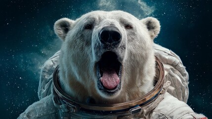 Obraz premium A polar bear in an astronaut suit floating among the stars in the cosmos.