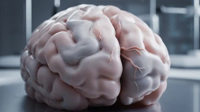 Detailed close-up of a human brain on a reflective surface inside a laboratory