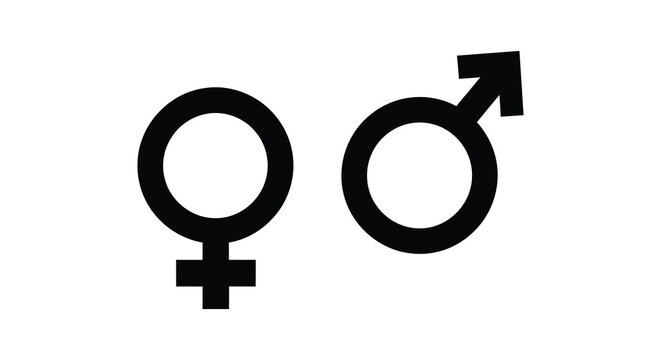 A stark depiction of traditional gender symbols a circle with a cross and a circle with an arrow in silhouette